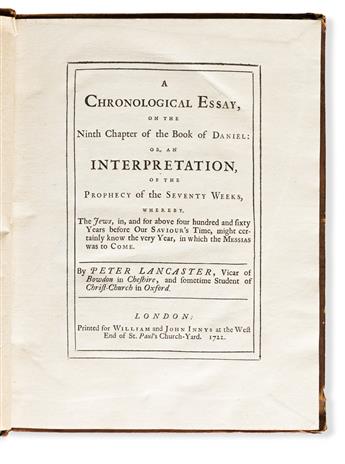 Lancaster, Peter (fl. circa 1722-1730) A Chronological Essay on the Ninth Chapter of the Book of Daniel. [...] Whereby the Jews [...] m